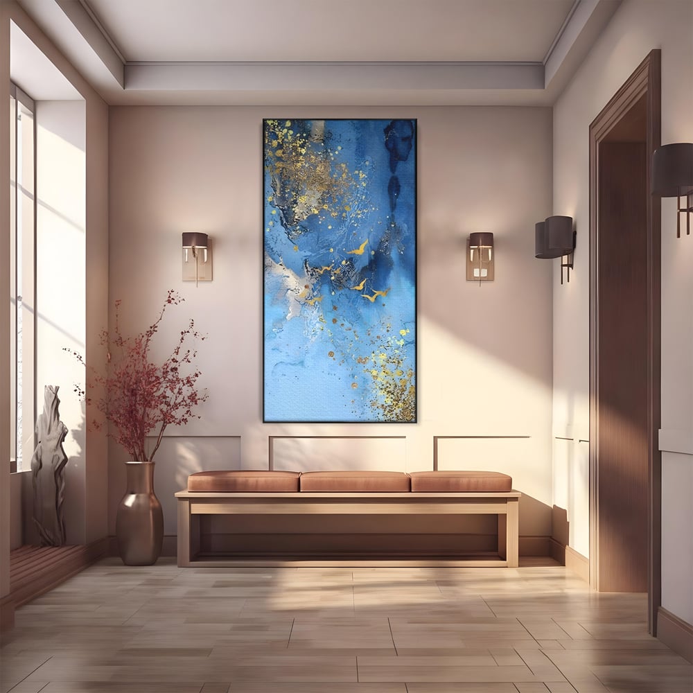 Tablou canvas cu tablou abstract cu pasari aurii, in rama de aluminiu negru